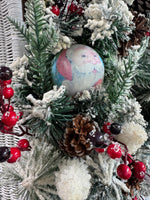 Faux Snowy Pine Wreath with Santa Ornaments
