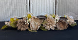 Burlap & Faux Floral Triple Pillar Candle Centerpiece (2 AVAILABLE—PRICED INDIVIDUALLY AT $15 EACH)