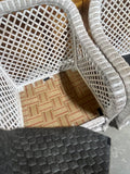 Cream Tone Wicker Pair of Chairs with Ottoman and Cushions