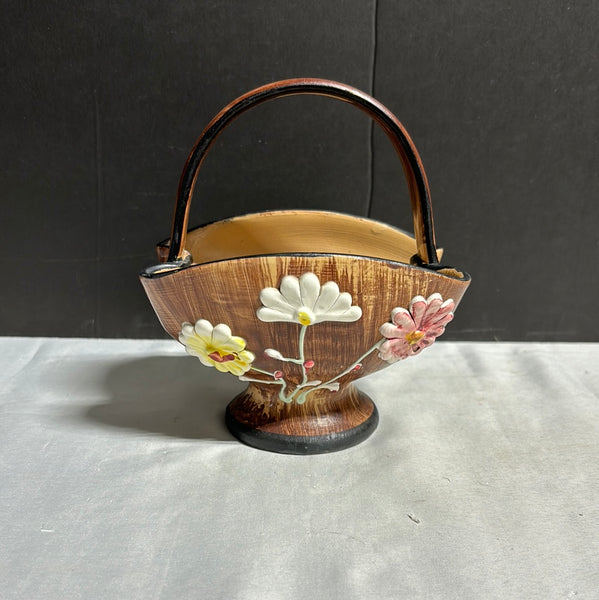 Vintage Hand Painted Italian Pottery Brown Floral Basket