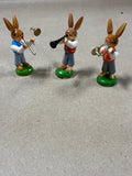 Lot Of 3 Erzgebirge Handmade Wooden Bunny Rabbit Music Band Figurines — Made In Germany