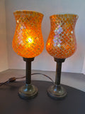 Pair of International Silver Company Amber Mosaic Hurricane Lamps (WORKS)