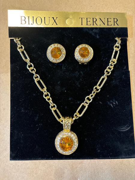 Necklace & Earring Set - Gold Tone/Yellow Stone