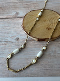 Long White & Gold Tone Vintage Beaded Necklace
