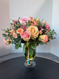 Faux Mixed Roses Arrangement in Glass Vase