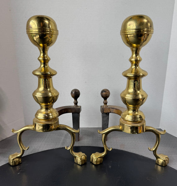 Pair of The Harvin Co. Virginia Metalcrafters Vintage Brass Clawfoot Andirons
