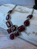 Red Wine Stone Silver Tone Bib Necklace