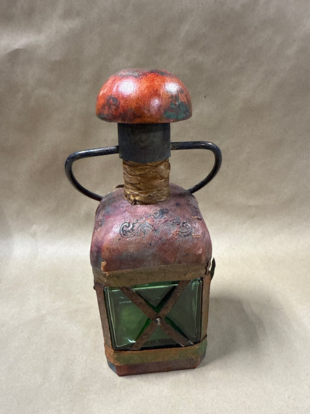 Italian Style Green Glass Decanter Wrapped In Leather With Handle READ DESCRIPTION