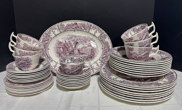 47-Piece A.J. Wilkinson Pastoral Davenport Purple Transferware China Set