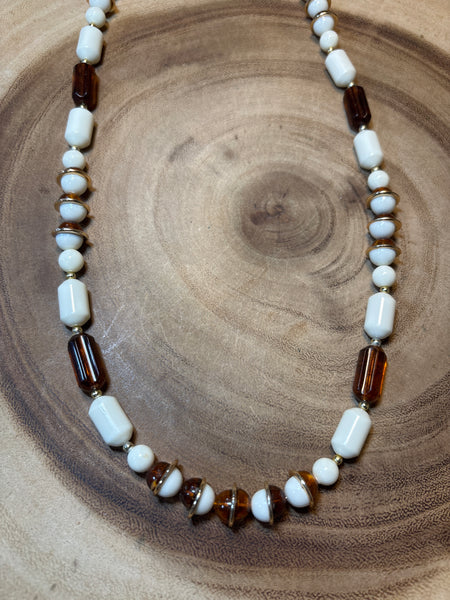 Plastic Amber/Ivory Tone Beaded Necklace