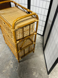 Curved Bent-Rattan Vintage Three Drawer Storage Unit; Side Handles and Woven Wicker Baskets