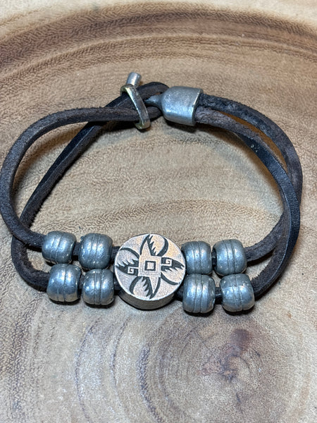 Silver Tone Beads on Leather Bracelet