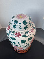 Chinese Teal & Pink Chrysanthemum Porcelain Urn on Wooden Stand