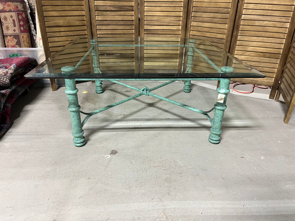 Glass Top Coffee Table with Turquoise Green Metal Base