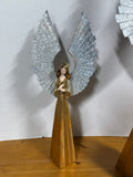 Pair Of Tall Geometric Gold Angels With Silver Tin Wings