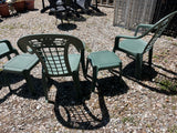 (3) Plastic Patio Chairs with (2) Plastic Side Tables