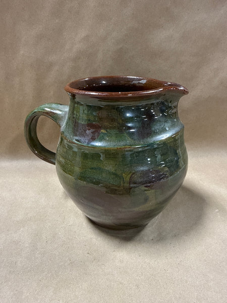 Green And Brown Glazed Pottery Pitcher — Signed At Bottom