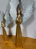 Pair Of Tall Geometric Gold Angels With Silver Tin Wings