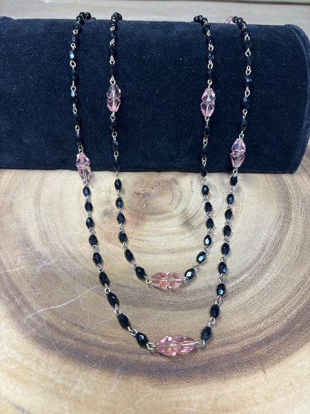 Extra Long Black & Pink Beaded Necklace