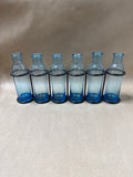Set Of 6 Blue Glass Bud Vases In Metal Caddy