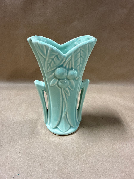 1940s McCoy Pottery teal green “Leaves and Berries” Handled Vase