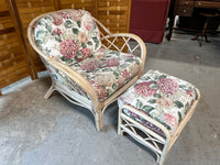 Wicker Chair and Ottoman with Floral Cushions