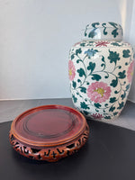 Chinese Teal & Pink Chrysanthemum Porcelain Urn on Wooden Stand