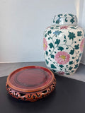 Chinese Teal & Pink Chrysanthemum Porcelain Urn on Wooden Stand