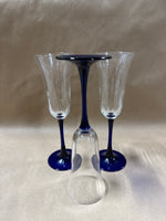 Set Of 3 Champagne Flutes With Cobalt Blue Stems