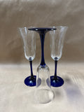 Set Of 3 Champagne Flutes With Cobalt Blue Stems
