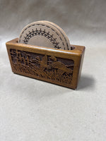 Set Of 4 Round Leather Coasters With Wooden Duck Case