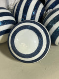 White and Glitter Blue Stripe Glass Ornaments. 7 pc