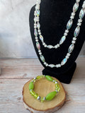 2-Piece Tropical Set: Long Iridescent Plastic Beaded Necklace with Lime Stretch Bracelet