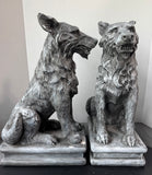 Pair of Plaster Gargoyle Style Wolf Garden Sculptures or Halloween Decor