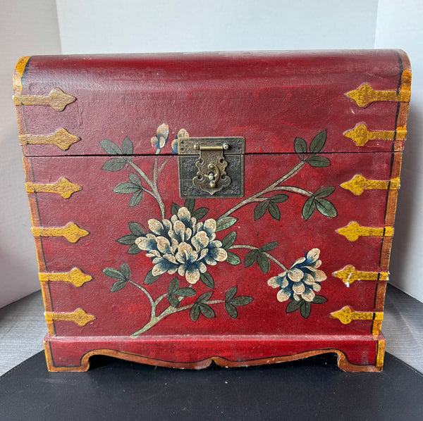 Hand Painted Red Floral Wooden Keepsake Chest