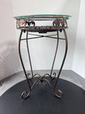 Glass Top Metal Scroll Clock Side Table (WORKS)
