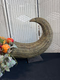 Large Faux Floral Wicker Woven Cornucopia on Stand