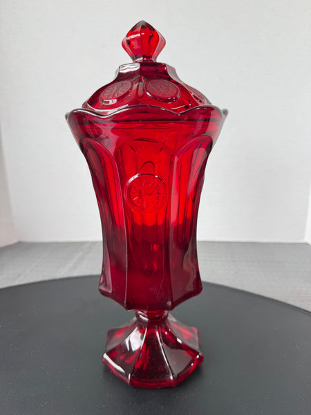 (B) Fostoria Ruby Red Coin Glass Covered Pedestal Urn