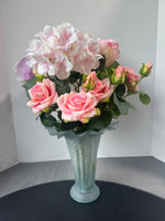 Faux Pink Florals in Frosted Ruffle Edged Glass Vase