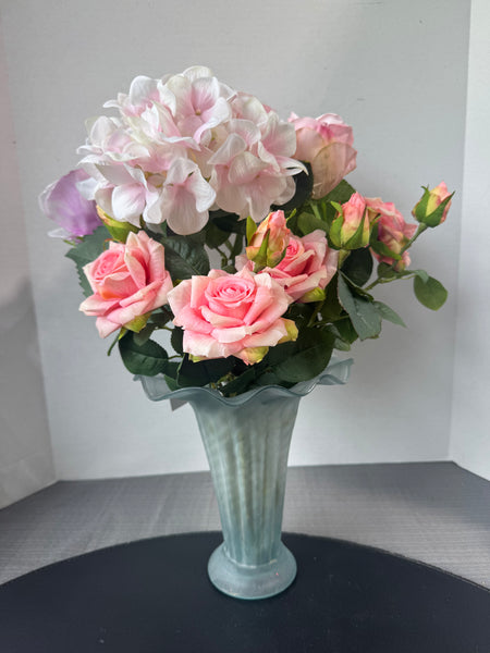 Faux Pink Florals in Frosted Ruffle Edged Glass Vase