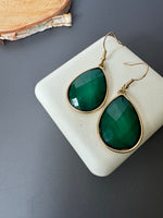 Green Faceted Teardrop Gold Tone Earrings