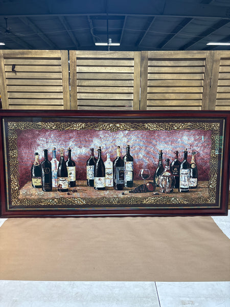 Wide Framed Tapestry of Wine Bottles; Signed