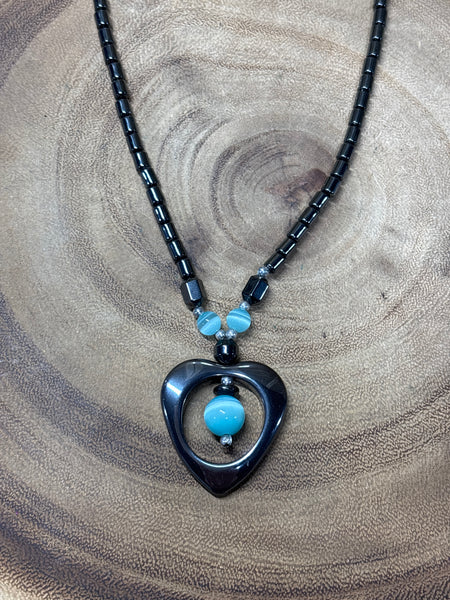 Hematite Heart Necklace with Blue Beads