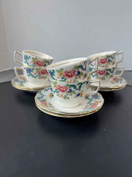 (G) 12-Piece Royal Doulton England The Majesty Collection Floradora Teacups & Saucers Set (2 SETS AVAILABLE—PRICED INDIVIDUALLY AT $60 EACH SET)