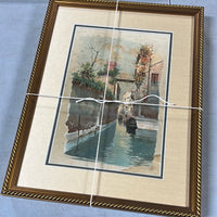 Pair of Canal Scenes on Fabric / Gold Frames