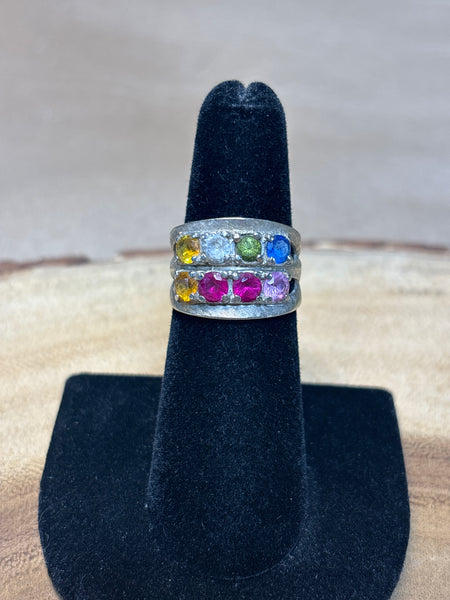 10K White Gold Ring With Colorful Stones - SIZE 5.57-6