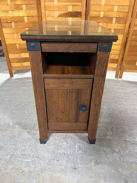 End Table/Cabinet with Protective Glass and Tea Table Pull Out Shelf