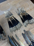 108-Piece Vintage Siam Thailand Buddha Teak & Nickel Bronze Flatware Set in 2-Tier Pagoda Style Wooden Box