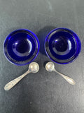 Pair of Cobalt Blue Glass Salt Cellars with Sterling Silver Scoops