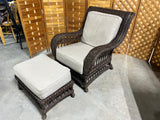 Heavyweight Brown Wicker/Rattan Chair with Ottoman, With Cushions, Unbranded